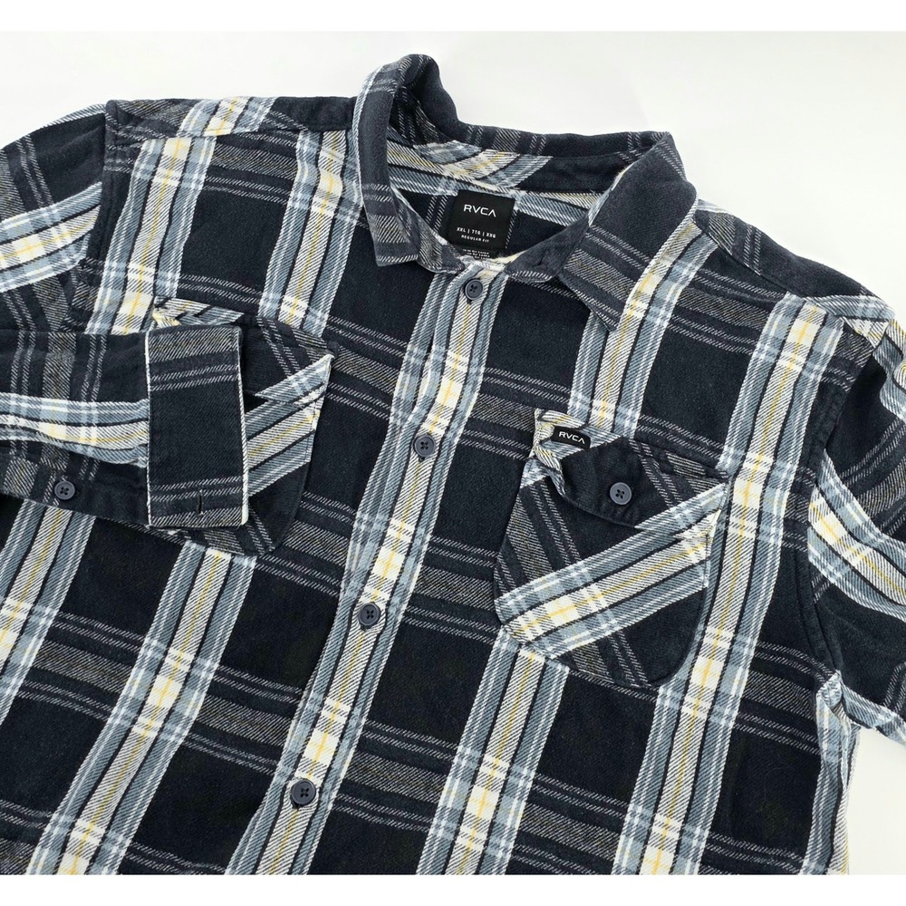RVCA Grunge Plaid Flannel Shirt Size XXL Mens Navy Blue Cotton Button Up